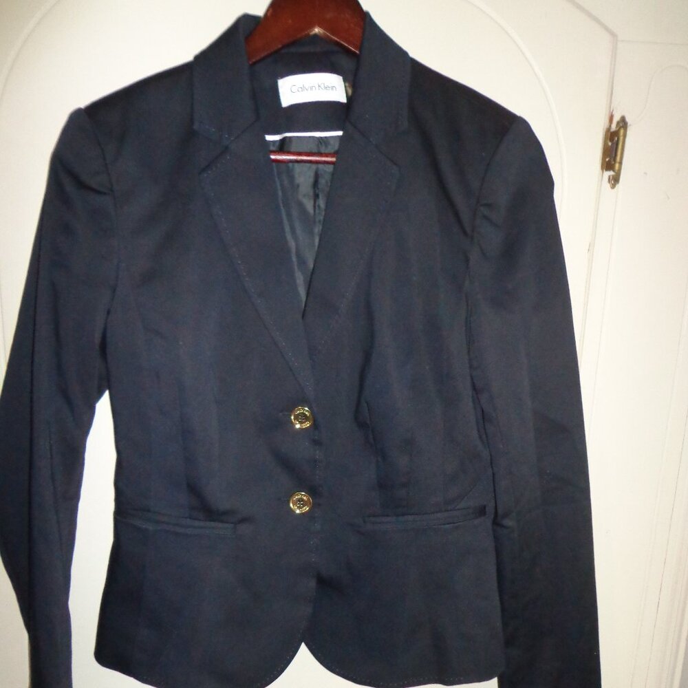 NWT Calvin Klein Lined Blazer 8 Dk Navy Button Closure Notched Lapel Faux Pocket